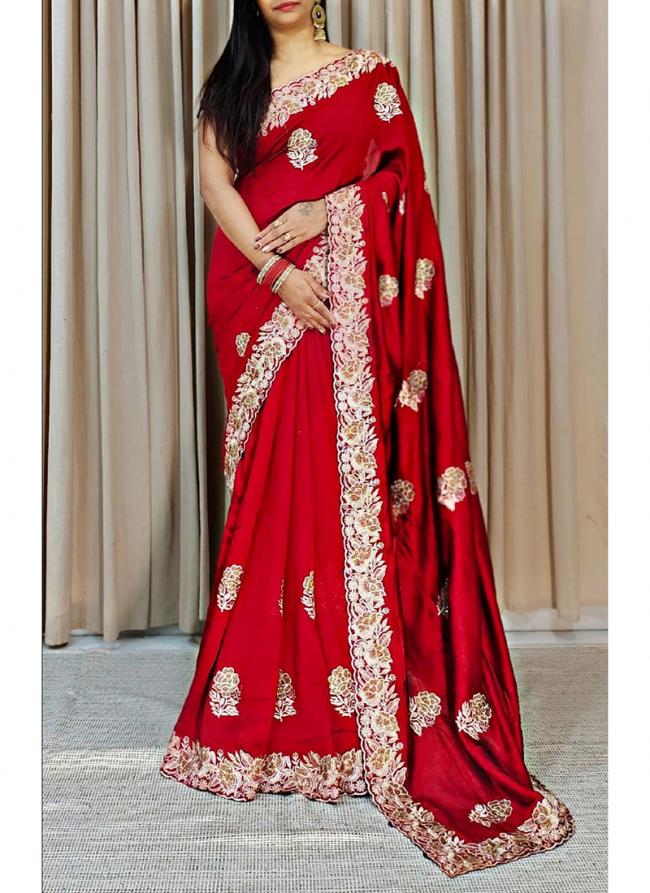 Vichitra Red Traditional Wear Embroidery Work Saree